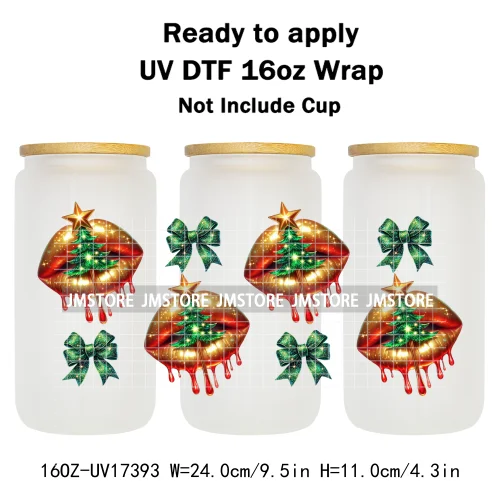 Coquette Bow Christmas Gift Lips UV DTF Stickers Xmas Season Candy Cane Ready To Transfer 16OZ Cup Wraps For Libbey Can Glass