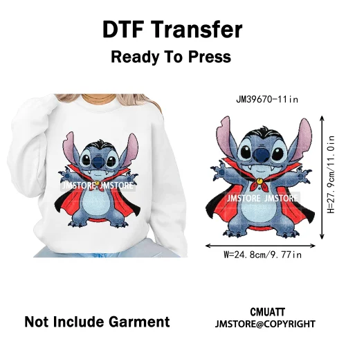 Spooky Scary Cute Cartoon Blue Animal Halloween Horror Vibes Iron on DTF Washable Transfers Stickers Ready to Press for Clothing