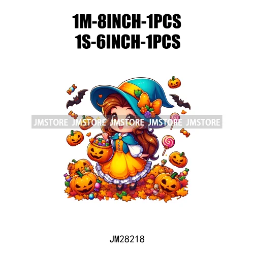 Washable Chibi Spooky Princess Pumpkin Halloween Trick Or Treat Witch Iron On DTF Transfers Stickers Ready To Press For Hoodies