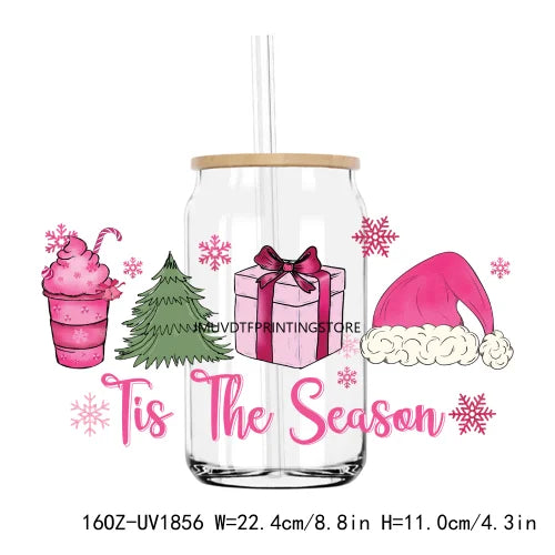 Merry Christmas Sequin 16OZ UV DTF Cup Wrap Transfers Stickers Custom Labels DIY Durable Waterproof Logo For Libbey Glass Can