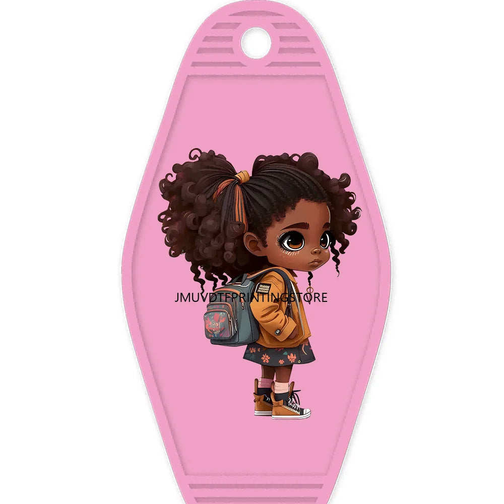 School Melanin Black Girls With Luggage High Quality WaterProof UV DTF Sticker For Motel Hotel Keychain Afro Children