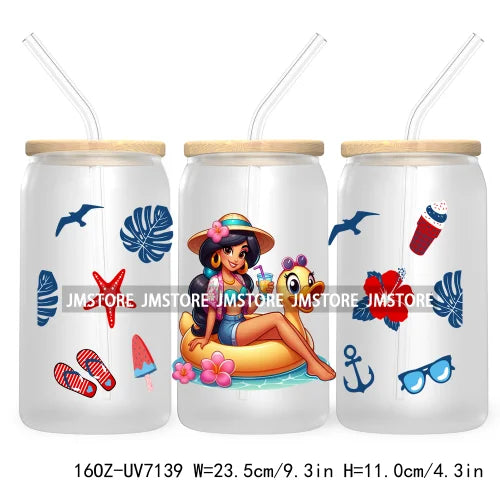 Cartoon Princess's Summer Vacation 16OZ UV DTF Cup Wrap Transfers Stickers For Libbey Glass Can Cups Tumbler Waterproof Craft