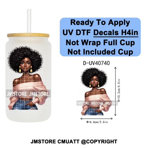 Big Hair Fashionable Black Girl UV DTF Decals Ready To Apply Waterproof Transfer Stickers DIY Crafts For 16OZ Libbey Glass Can