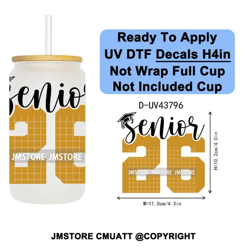 Fresh Class Of 2026 Senior Edition UV DTF Decals Ready To Apply Waterproof Transfer Stickers DIY Craft For 16OZ Libbey Glass Can