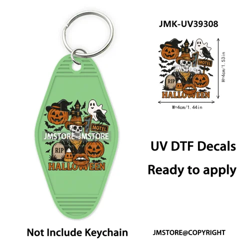 Faux Glitter Halloween Ghost Pumpkin Season UV DTF Motel Keychain Decal Ready To Ship Transfer Stickers Print For Hotel Keychain