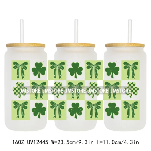 Lucky Coquette Bow Happy St Patrick's Day 16OZ UV DTF Cup Wrap Transfer Stickers Custom Waterproof Labels For Libbey Glass Can