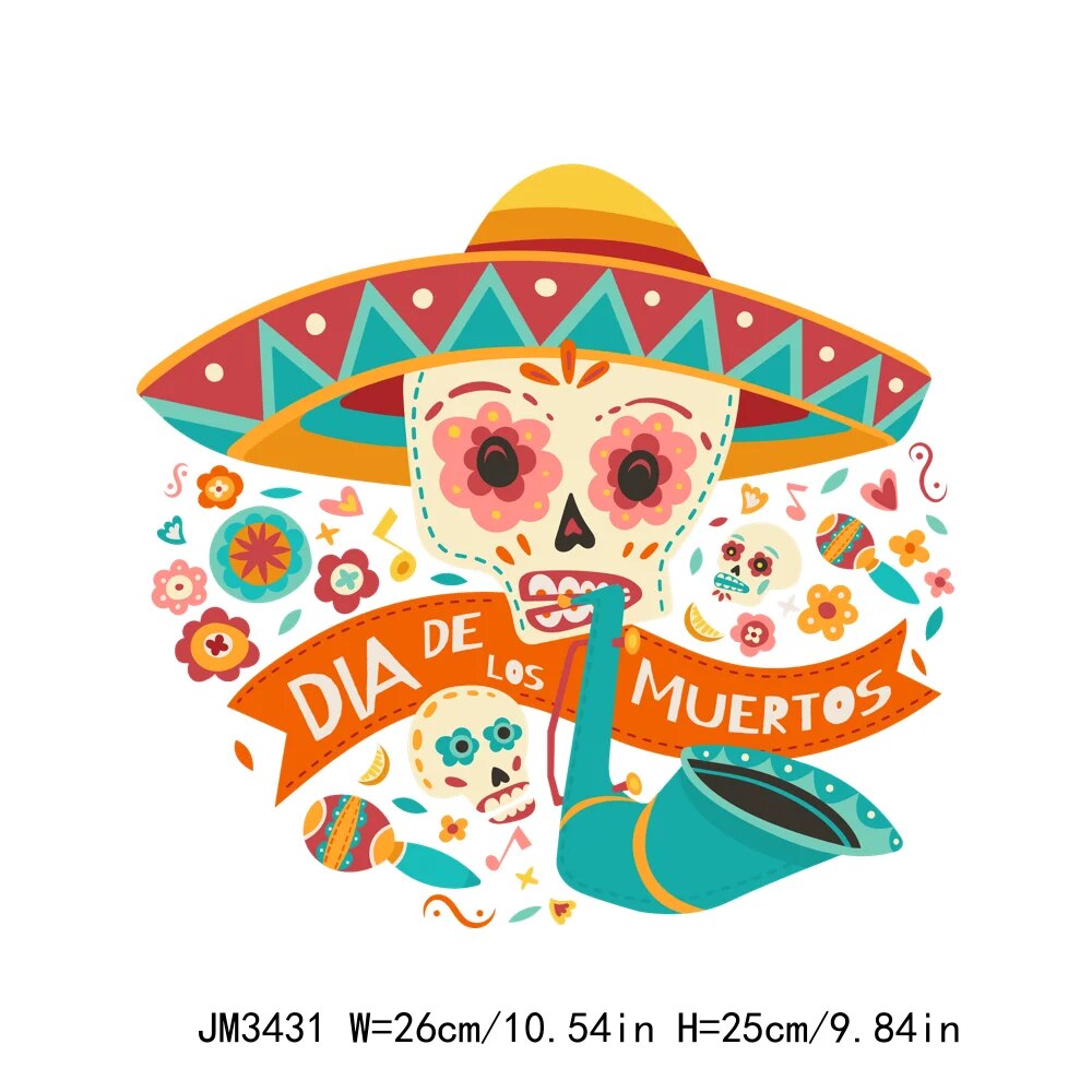 High Quality Mexican Day of the Dead DIY Heat Transfer Iron On Decals Clothes Logo Sticker Washable Thermal Printing Patch