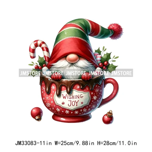 Funny Hot Cocoa Cup Festive Gnomes Wishes Candy Merry Christmas Iron On DTF Transfers Stickers Ready To Press For Sweatshirts