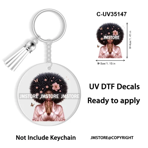 Christian Jesus God Pray Afro Girl UV DTF Decal Round Keychain Ready To Apply WaterProof Transfer Stickers For Circle Keychain