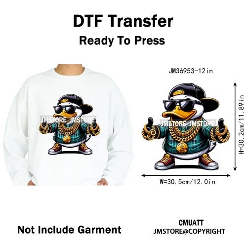 12in Cool Urban Trap Style King Animal Rich Ducks With Gold Chain Iron on DTF Heat Transfer Sticker Ready to Press for Clothing