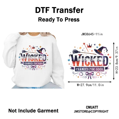 Witch Changed For Good Faux Glitter Pink and Green Movie Iron on DTF Washable Transfers Stickers Ready to Press for Clothes Bags