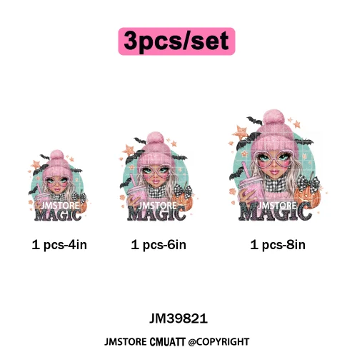 Pink Sweater Hat Coffee Girls Ghost Animal Pumpkin Halloween Iron on DTF Washable Transfers Stickers Ready to Press for Textile