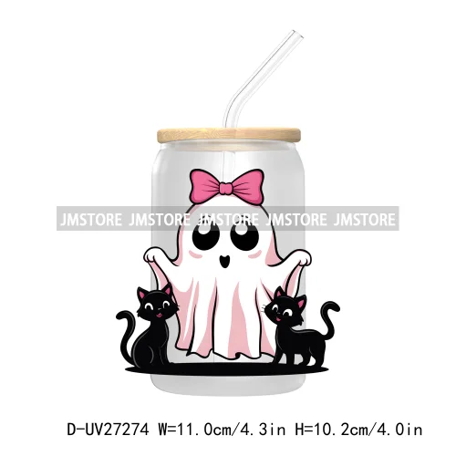 Trick Or Treat Pumpkin Coquette Bow Girly Ghost Halloween UV DTF Transfer Stickers Decals For Libbey Cold Cups Mug Tumbler Label