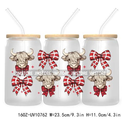 Christmas Highland Cow Coquette Bow 16OZ UV DTF Cup Wrap Waterproof Transfer Stickers For Libbey Glass Can Christmas Gingerbread