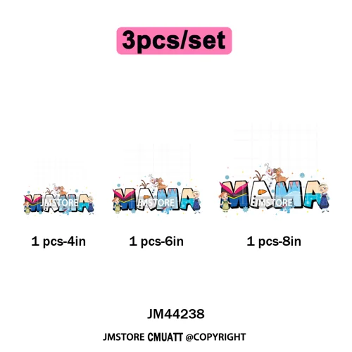 Cartoon Mama Princess Happy Mother's Day Family Vacation Iron on Washable DTF Heat Transfers Stickers Ready to Press for Hoodies