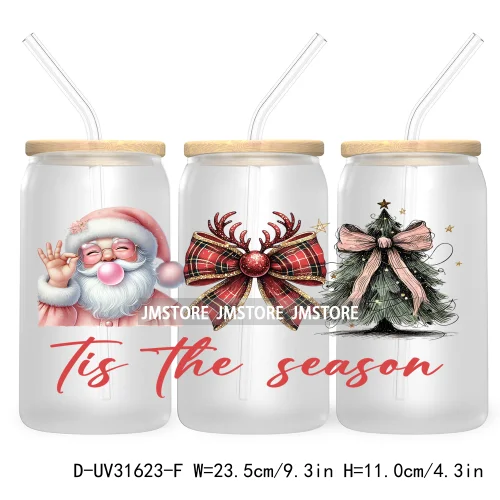 Tis The Season Christmas Tree Santa Coquette Cow 16OZ UV Cup Wrap DTF Transfer Sticker For Libbey Glass Can Cup Tumbler New Year