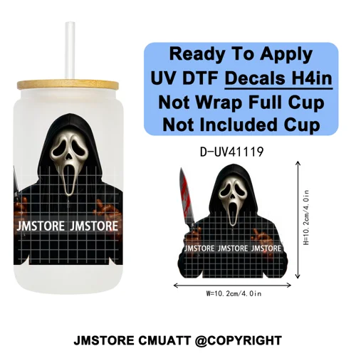 Black Horror Dad Halloween Spooky Daddy UV DTF Decals Ready To Apply Waterproof Transfer Stickers For 16OZ Libbey Glass Can Cups