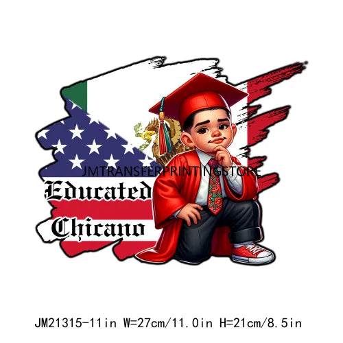 Chicano Graduation Chibi Style Boy Logos Si Se Pudo Educated Latino Double Trouble Man DTF Heat Transfer Stickers For Clothes