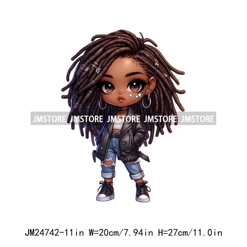 Dreadlocks Coffee Chibi Black Girls Pink Fashion African American Denim Girl Iron On DTF Heat Press Transfer Stickers For Shirts