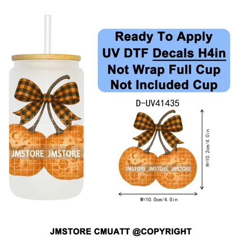 Highland Cow Horror Character Coquette Pumpkin UV DTF Decals Ready To Apply Durable Transfer Stickers For 16OZ Libbey Glass Can