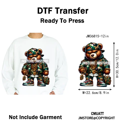 12in Hip Hop Vibes Urban Style Rich Bear With Gold Chains King Animal Iron on DTF Transfers Stickers Ready to Press for Textile