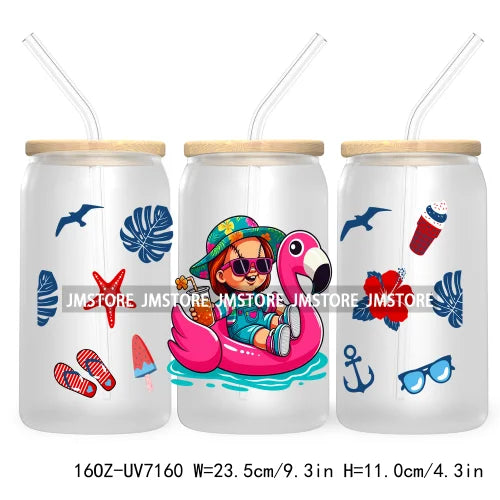 Horror's Summer Vacation 16OZ UV DTF Cup Wrap Transfers Stickers For Libbey Glass Can Cups Tumbler Waterproof Craft Cartoon Girl