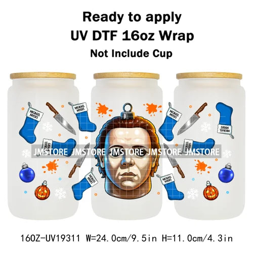 Horror Killers Christmas Ball Stocking Season UV DTF Wraps Transfer Stickers Ready To Apply Waterproof For 16OZ Libbey Glass Can
