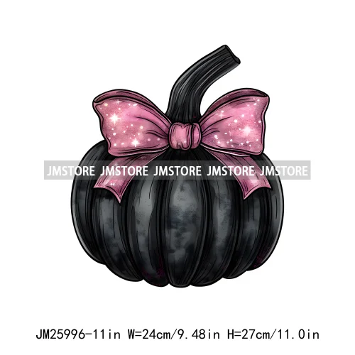 Colorful Gothic Girly Halloween Black Pumpkin Coquette Bow Decasl DTF Iron On Transfers Stickers Ready To Press For T-shirt Bags