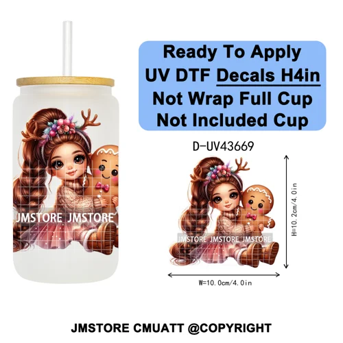 Floral Christmas Latina Chibi Girl UV DTF Transfer Stickers Decals Ready To Apply Good Quality Prints For Libbey Cold Cup Mugs