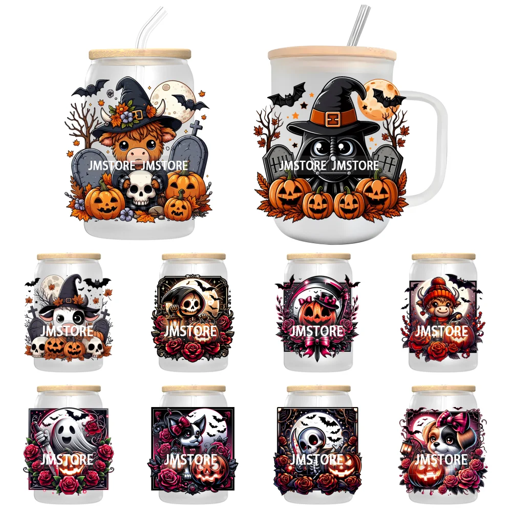 Cartoon Halloween Highland Cow UV DTF Transfer Stickers Decals For Libbey Cold Cups Mug Tumbler High Quality Labels Spooky Skull