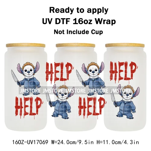 Happy Halloween Cartoon Killers Spooky Season UV DTF Wraps Transfer Sticker Selfadhesive Waterproof For 16OZ Libbey Glass Can
