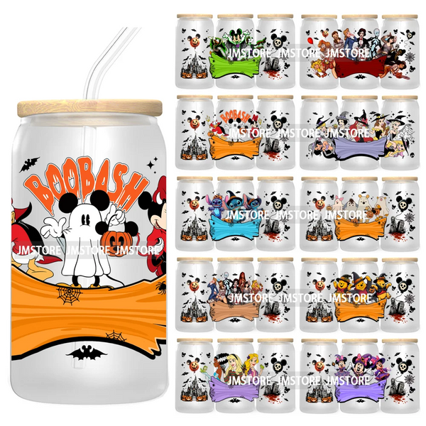 Mouse And Friends Halloween 16OZ UV DTF Cup Wrap Transfer Stickers Custom Labels Waterproof For Libbey Glass Can Magical Kingdom