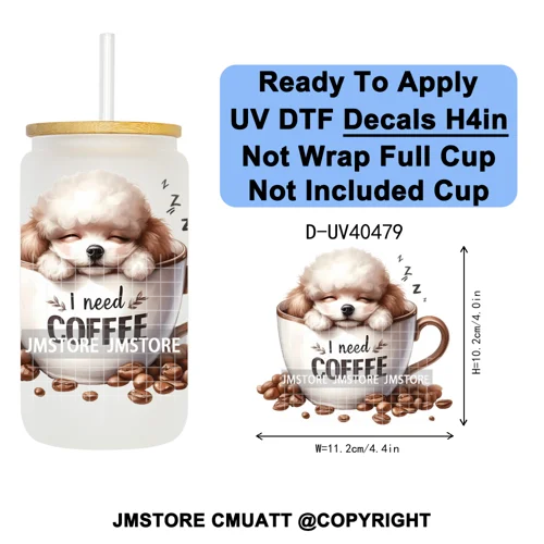 Puppy Coffee Dog Cartoon Pet Lover UV DTF Decals Ready To Apply Waterproof Transfer Stickers For 16OZ Libbey Glass Can Tumbler
