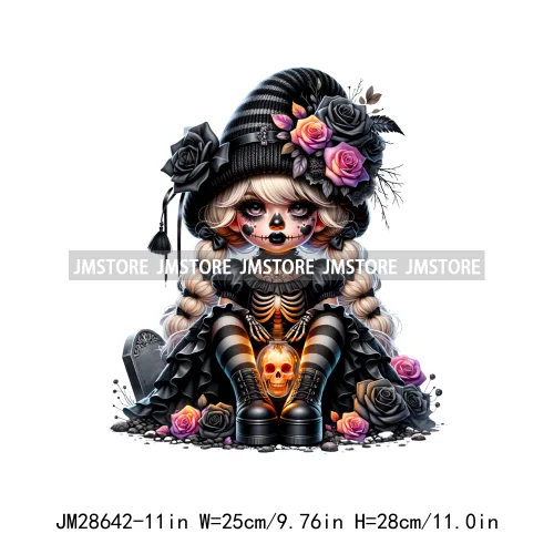 Gothic Girl Gnomes Halloween Witch Dolls Black Flowers Horror Vibes Iron On DTF Transfers Stickers Ready To Press For Clothing