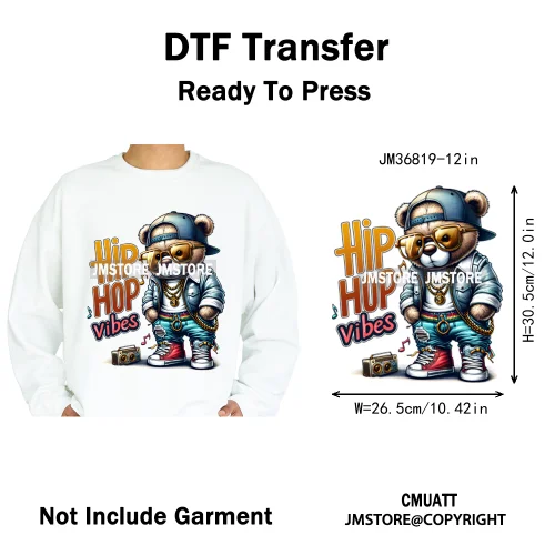 12in Hip Hop Vibes Urban Style Rich Bear With Gold Chains King Animal Iron on DTF Transfers Stickers Ready to Press for Textile