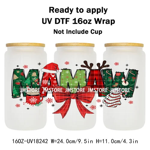Christmas Mama Mini Coquette Family Xmas 16OZ UV DTF Cup Wraps Ready To Apply Waterproof Transfer Stickers For Libbey Glass Can
