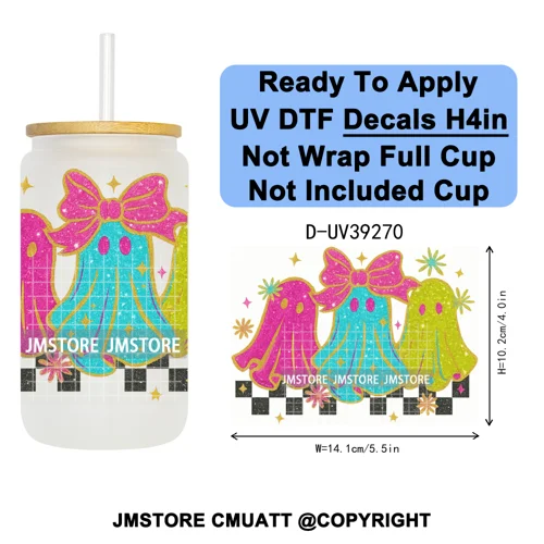 Iridescent Ghost Pumpkin Coquette Halloween UV DTF Transfer Stickers Decals Ready To Apply Waterproof For 16OZ Libbey Glass Can
