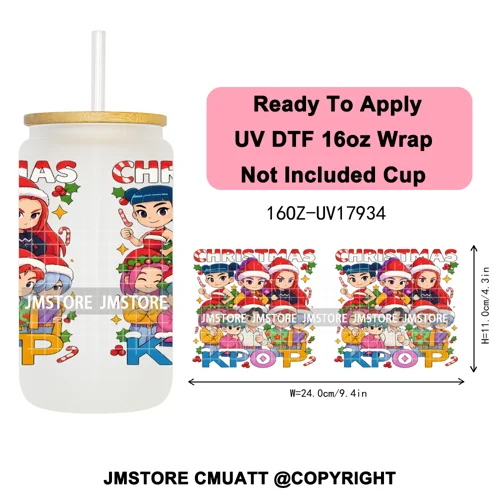Kpop Demon Inspired Movie Christmas Santa Hat 16OZ UV DTF Cup Wrap Ready To Apply Durable Transfer Stickers For Libbey Glass Can