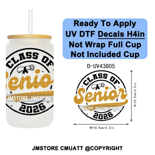 Fresh Class Of 2026 Senior Edition UV DTF Decals Ready To Apply Waterproof Transfer Stickers DIY Craft For 16OZ Libbey Glass Can