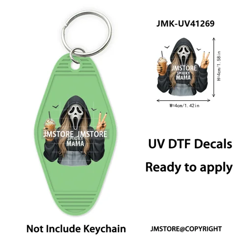 Black Girl Halloween Spooky Horror Mama UV DTF Motel Keychain Wraps Ready To Apply Waterproof High Quality Hotel Keychain Decals