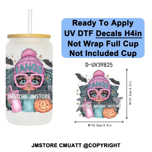 Girly Halloween Ghost Pumpkin Coffee Lover UV DTF Transfer Stickers Decals Ready To Apply Waterproof For 16OZ Libbey Glass Can