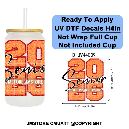 Faux Glitter Senior 2026 School UV DTF Decals Ready To Apply Waterproof Transfer Stickers DIY Crafts For 16OZ Libbey Glass Can