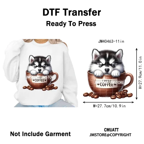 Funny Cartoon Pet Puppy Small Sleeping Cozy Coffee Dogs Lover Iron on DTF Washable Transfers Sticker Ready to Press for Clothing