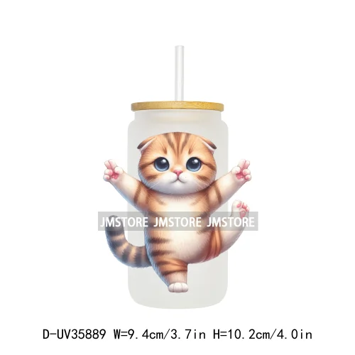 Cute Chubby Yoga Cats Animals UV DTF Transfer Stickers Decals Ready To Apply Waterproof For 16OZ Libbey Glass Can Cups Tumbler