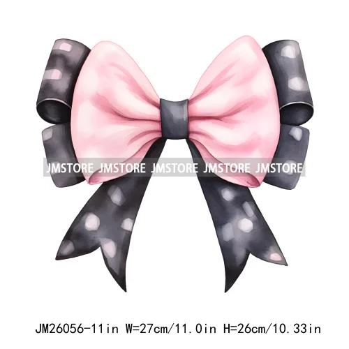 Trendy New Girl Pink Black Polka Dots Ribbons Coquette Bows Washable DTF Iron On Transfer Stickers Ready To Press For Clothing