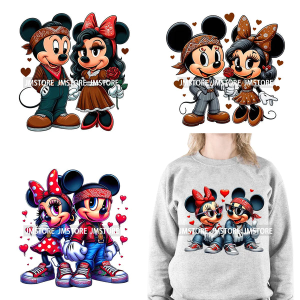 Chicano Cartoon Mouse Character Couple Love Rose Valentine Iron On DTF Transfer Stickers Printing Ready To Press For Clothes Bag