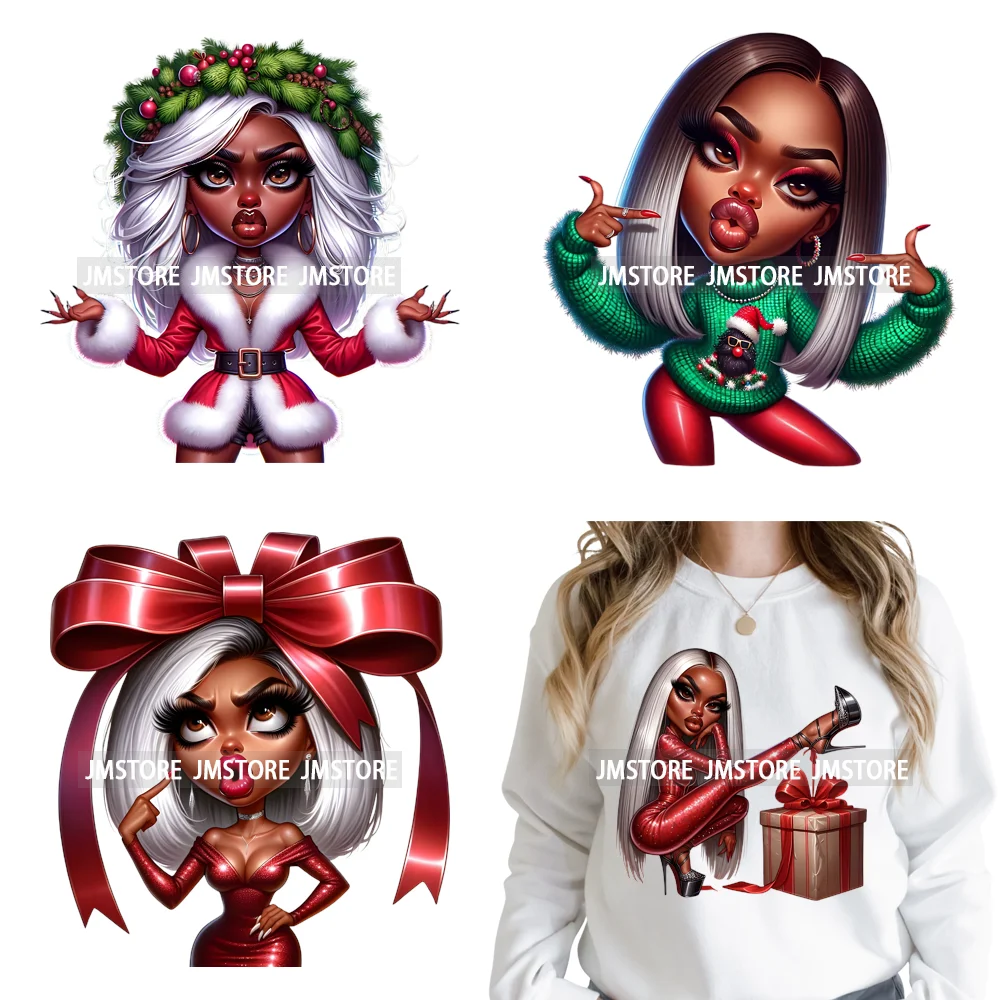 Cool African Melanin Girls Christmas Season Holiday Moody Iron on Washable DTF Heat Transfer Stickers Ready to Press for Hoodies
