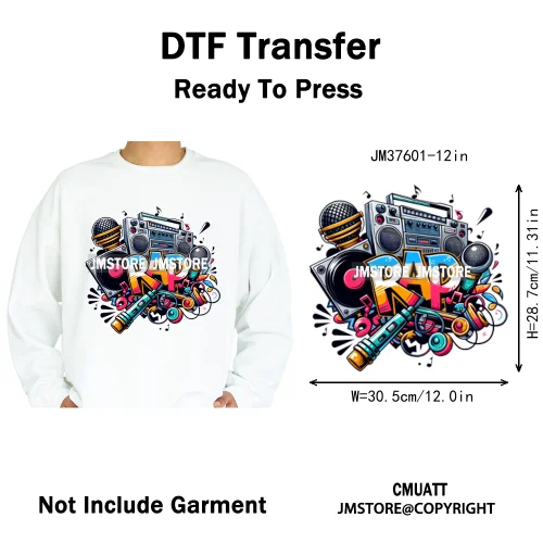12in Old School Rap Hip Hop Music King Gaming Urban Vibes Graffiti Iron on DTF Heat Transfer Stickers Ready to Press for T-shirt