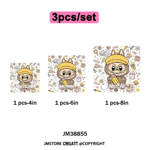 Floral Cute Checkered Cartoon Monster Character Iron on DTF Washable Transfers Stickers Designs Ready to Press for Textile Bags