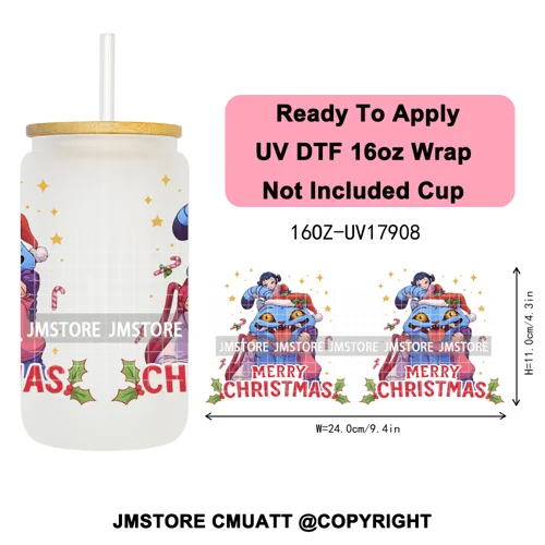 Merry Christmas Kpop Movie Character Anime Girl UV DTF Stickers Ready To Apply Cup Wrap High Quality For 16OZ Libbey Can Glass